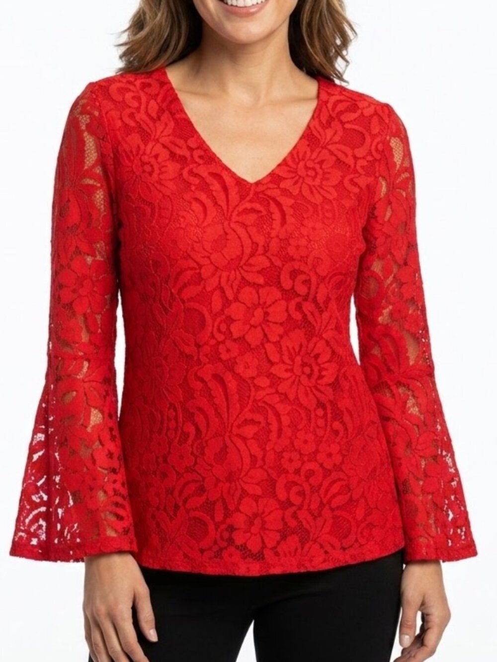 Alfani Whimsigoth Blood Red Floral Lace Blouse Flared Bell Sleeve V-Neck Top PS